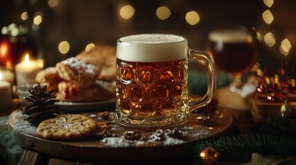 glass glass with beer on a table with Christmas decoration