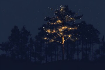 Naklejka premium Simple pine tree silhouette with sparkling lights on a dark blue background