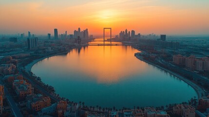 Naklejka premium Sunrise over city skyline reflecting in calm water, frame in the middle.