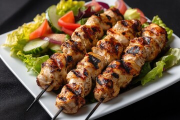 Juicy grilled chicken skewers served on a white plate with fresh salad, featuring vibrant greens and red accents.