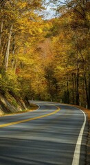 Fototapeta premium Serene curved road amidst vibrant autumn foliage in forest landscape