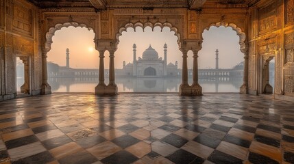 Sunrise view of a mosque through ornate arches.