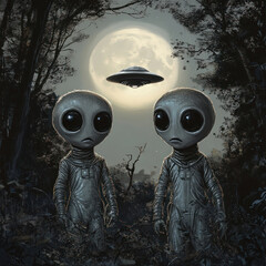 two aliens with large heads and black eyes, dressed in silver spacesuits, standing against the backdrop of a night forest.  