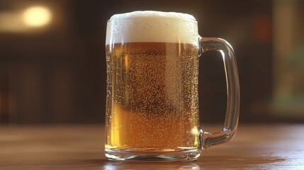 Clear glass beer mug with foam, golden beer, and condensation for an icy effect