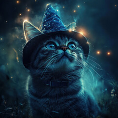 a cat in a wizard's hat, surrounded by a mysterious and magical atmosphere.  