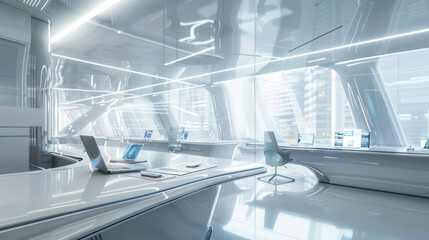 A futuristic office with a minimalist design, executed in a white and silver color scheme. 