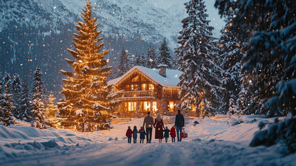 Family walking toward a snow-covered house with Christmas lights