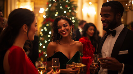 Guests mingling and exchanging gifts at a Christmas party