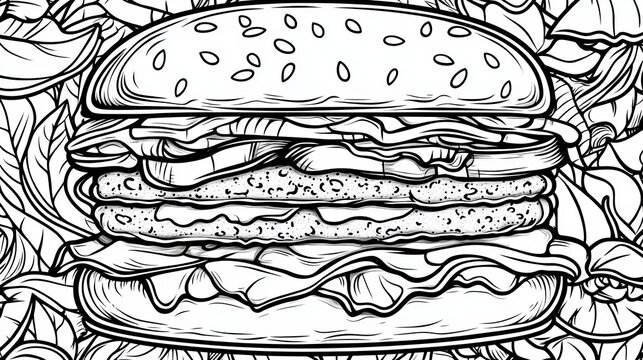 Coloring book page with simple, bold hamburger design for easy coloring, high-definition print 