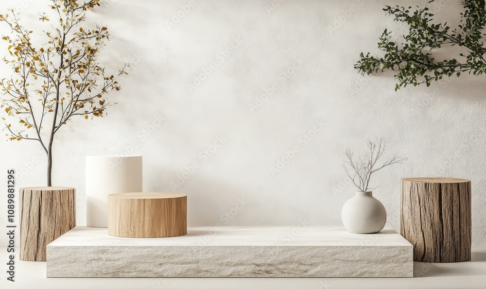 Poster product display background object display mockup. empty scene with stone slab, wooden cube and tree 