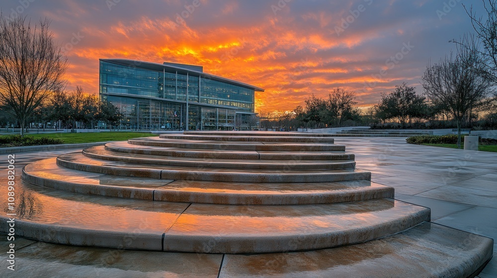 Poster sunset over modern building with circular steps.