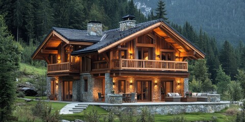 Obraz premium A stunning, rustic wooden cabin nestled in a lush forest setting with glowing lights, surrounded by majestic trees, showcasing serene mountain living