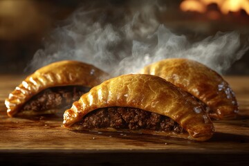 Naklejka premium Three freshly baked empanadas with golden crust, filled with savory ground meat, emitting a warm, appetizing steam.