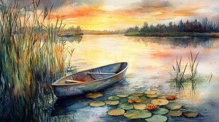 Fototapeta premium Serene landscape featuring a boat by a peaceful lake at sunset