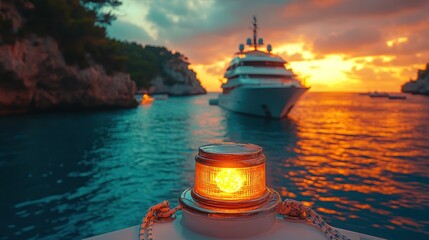 Obraz premium Sunset yacht at sea, close-up navigation light.