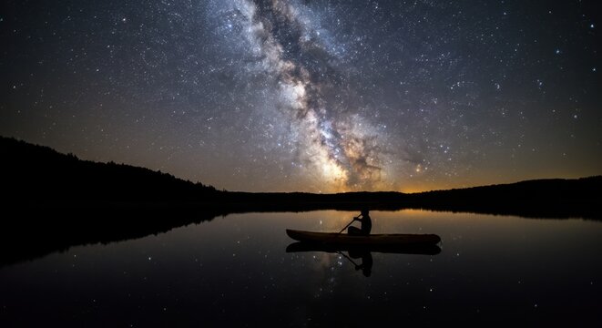 Stunning milky way reflected over calm lake with kayaker under starry night sky