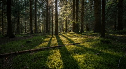 Obraz premium Sunlit forest glade with tall trees and moss carpet