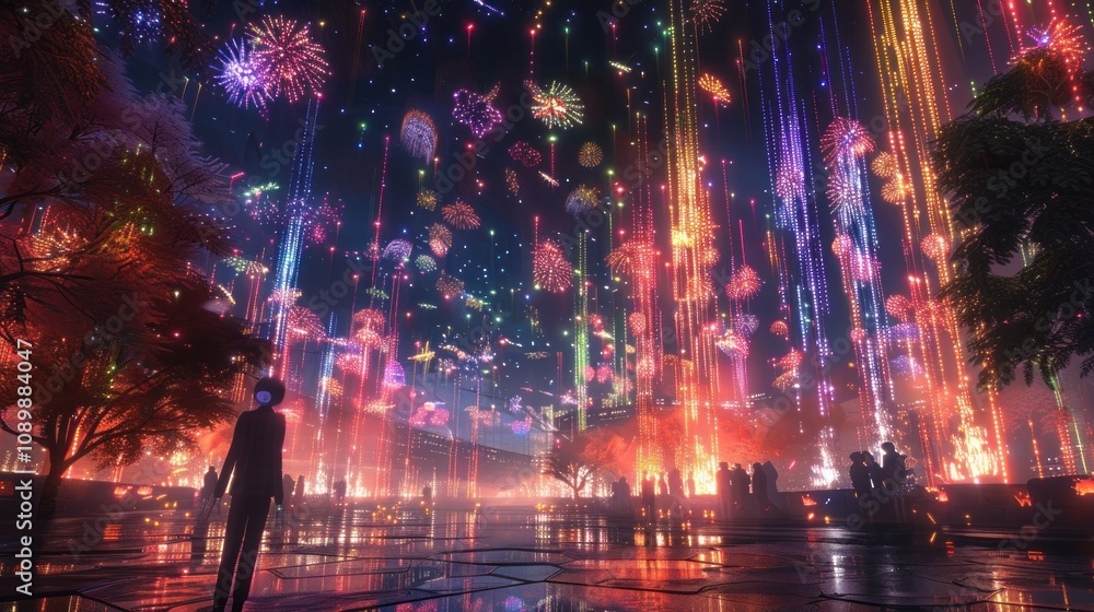 Poster a silhouette of a person standing in a crowd watching a dazzling display of colorful fireworks and g