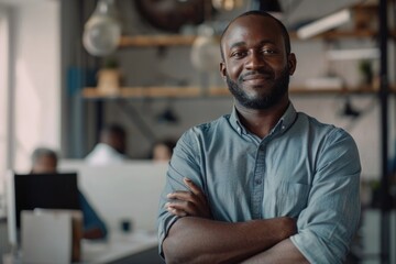 Obraz premium Happy African American small business owner with team in office.