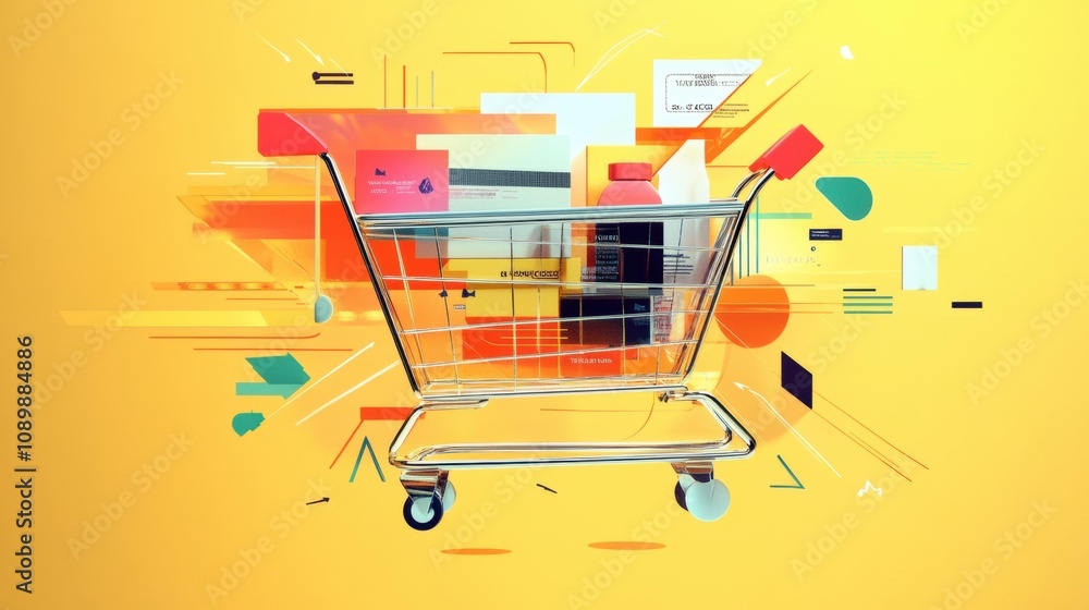 Poster abstract representation features a shopping cart made of geometric shapes, flowing lines, and vivid 