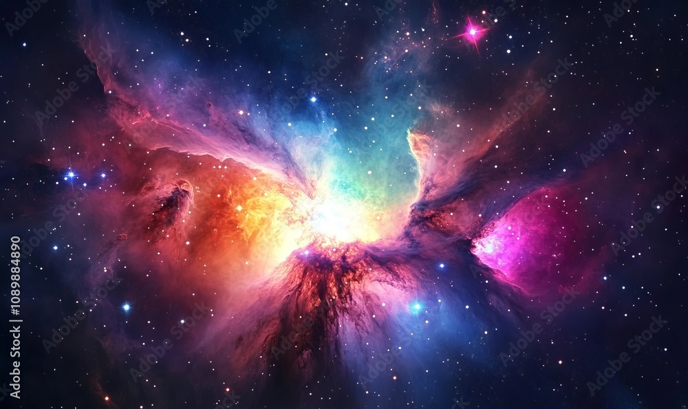 Poster the brilliant display of a space nebula, with vibrant colors and star clusters illuminating the far 