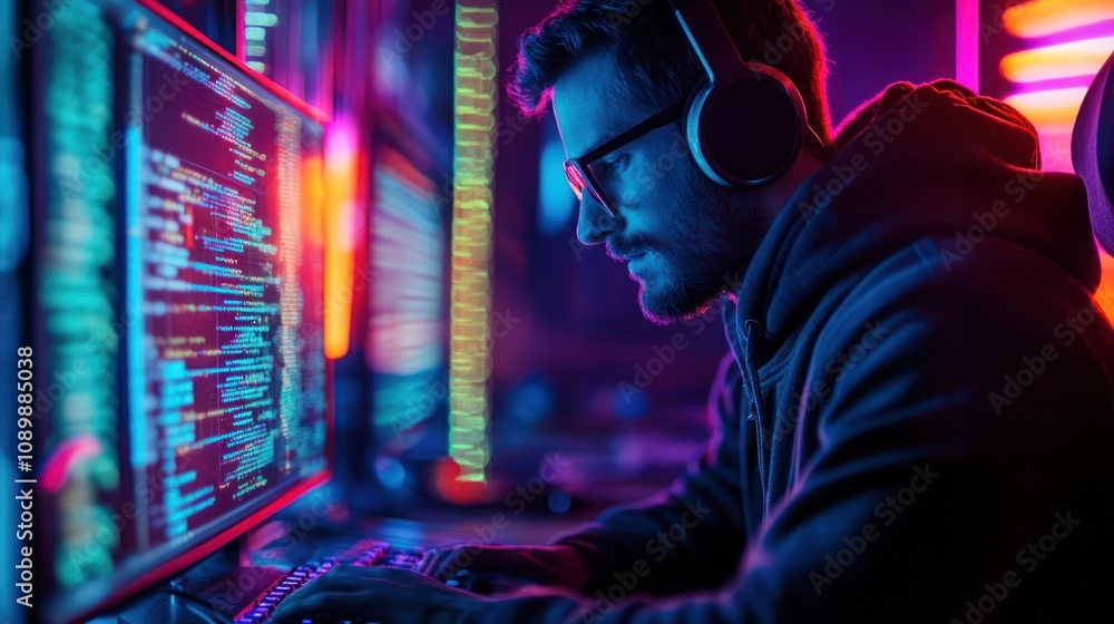 Poster a focused individual coding in a dimly lit environment with vibrant neon lights.