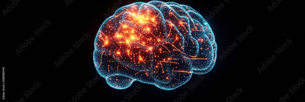 Poster This abstract visual depicts a digital brain with vibrant neural connections and activity, emphasizing complexity and technology in neuroscience. Generative AI