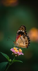 Obraz premium Vibrant butterfly on pink flower against blurred green background