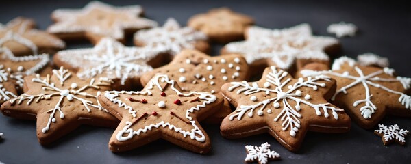 Homemade gingerbread cookies shaped like stars, decorated with white icing and festive designs. Christmas and New Year