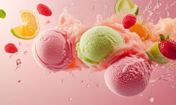 Sorbet scoops suspended in a refreshing dynamic summer dessert layout