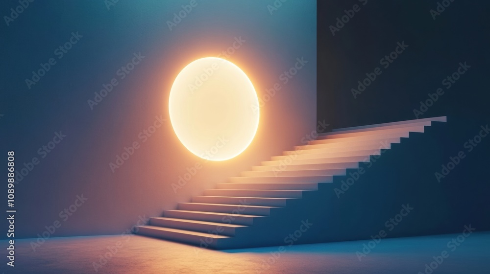 Aufkleber a staircase ascends toward a bright circular light against a dark wall, creating an ethereal atmosph