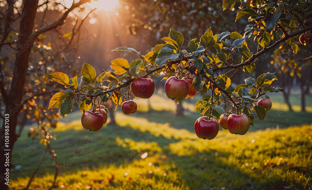 Poster A tree branch with apples hanging from it. The apples are ripe and ready to be picked. The sun is shining brightly, casting a warm glow on the scene. Scene is peaceful and inviting