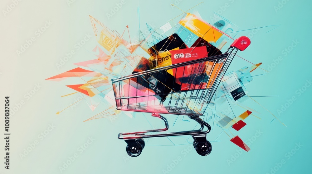 Aufkleber Dynamic shopping cart made of geometric shapes and flowing lines illustrates modern retail and creativity in a vibrant setting. Generative AI