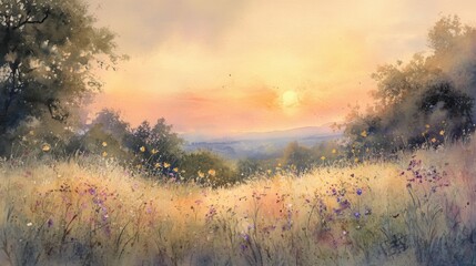 Obraz premium Sunset over a colorful wildflower meadow and distant hills
