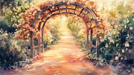 Fototapeta premium Tranquil garden pathway framed by a wooden archway with flowers