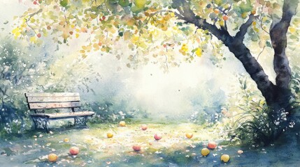 Tranquil garden scene with a bench surrounded by fallen apples