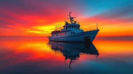 Fototapeta premium Yacht at sunset reflecting on calm water.