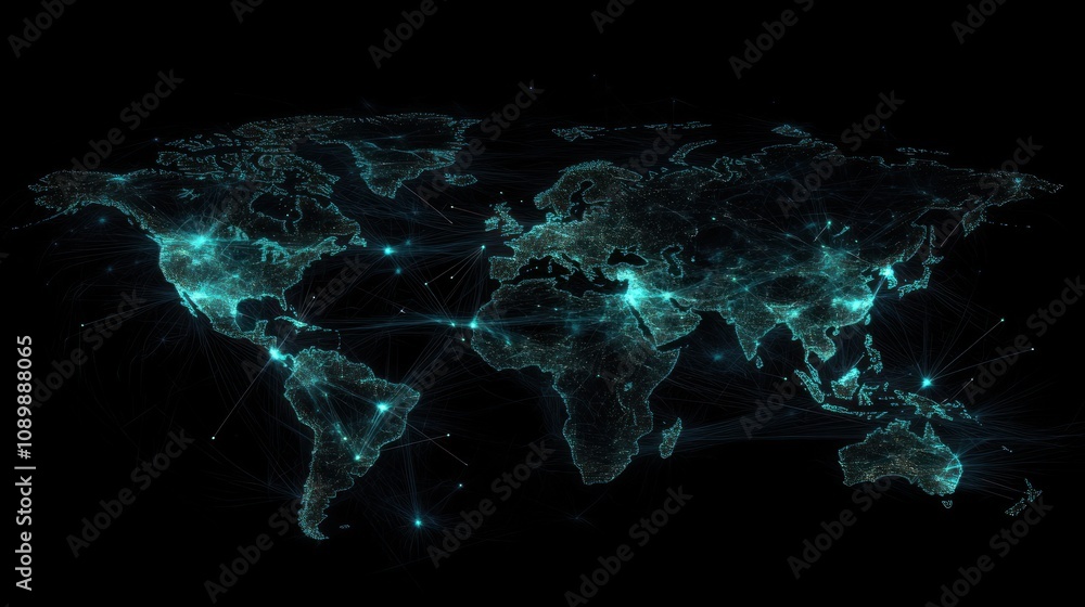 Aufkleber a digital representation of a world map with glowing connections and data points.