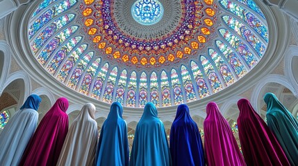 Women in colorful abayas under a stunning stained-glass dome.