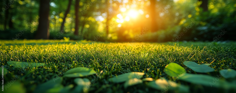Poster sunlight through trees in a calm forest. golden sunlight streams through lush green trees, creating 