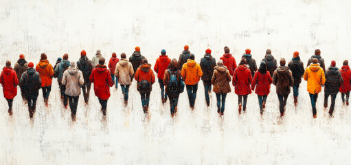 Group of hikers walking through winter landscape. A diverse group of hikers dressed in colorful winter clothing walks across a snowy landscape in a chilly setting.