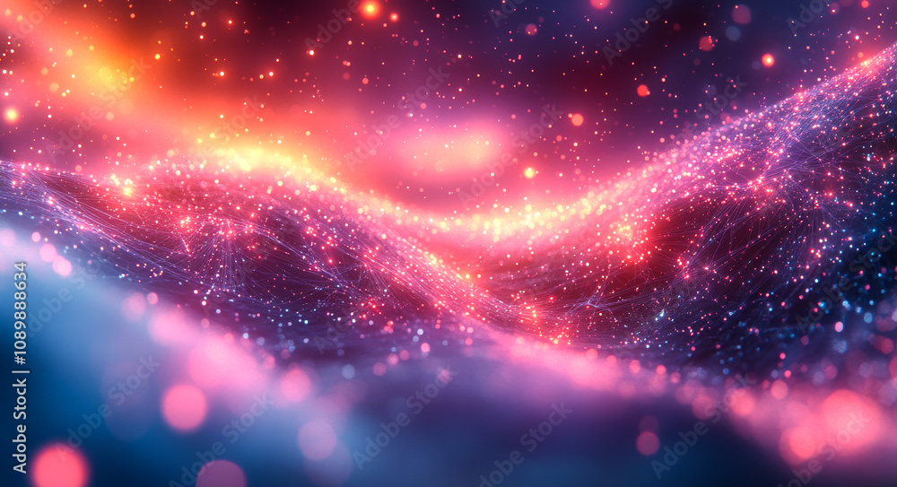 Poster glowing cosmic waves with vibrant colors. colorful cosmic waves with glowing particles create a mesm