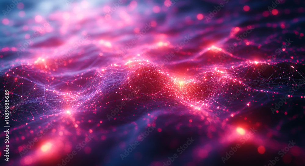 Poster glowing waves in dark colors. bright, colorful waves ripple with glowing lights, creating a mesmeriz