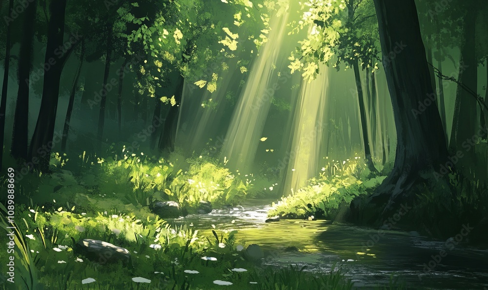 Poster sunlight streaming through trees, illuminating a serene forest stream with greenery