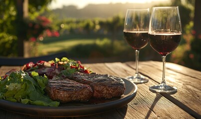 Succulent grilled steaks, accompanied by a fresh salad, sit on a wooden table with glasses of wine, basking in the warm glow of the setting evening sun outdoors