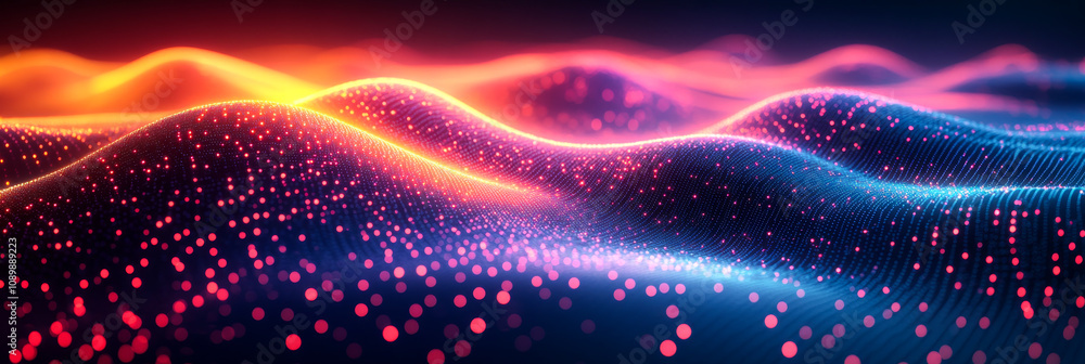 Poster vivid waves of color shape a dynamic scene. colorful waves of light ripple across a dark background,