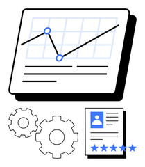 Obraz premium Data chart with trend line and data points, two gears, and a five-star rated resume. Ideal for business analytics, performance reviews, data visualization, engineering, job applications, career
