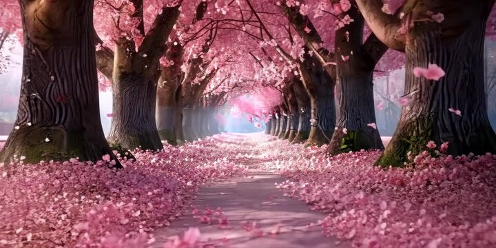 Cherry blossom alley with petals creating a pink carpet, 4K Video