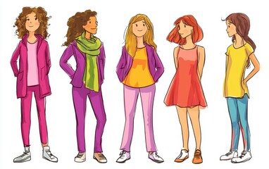 Obraz premium drawing of women in different on a white background, using simple shapes in a doodle style with bright colors Generative AI