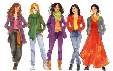 Fototapeta premium Clipart of women's fashion, cartoon style, white background, simple lines, colorful, group photo of female friends wearing different outfits, in bright colors, green scarf on one woman Generative AI
